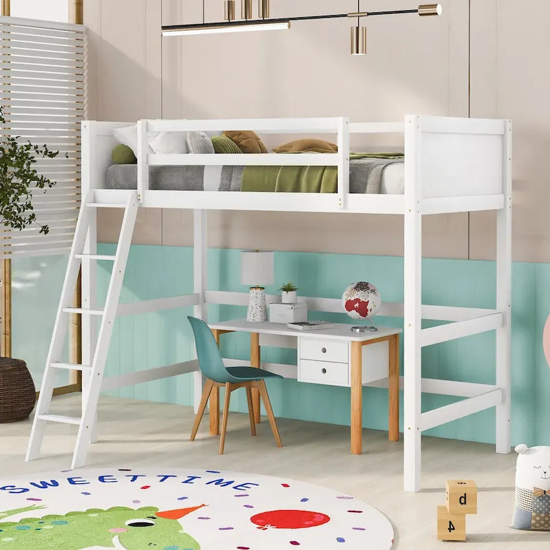 Twin Solid Wood Loft Bed with Ladder and Fence