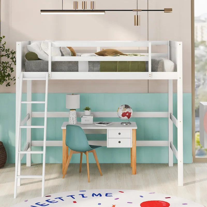 Twin Solid Wood Loft Bed with Ladder and Fence