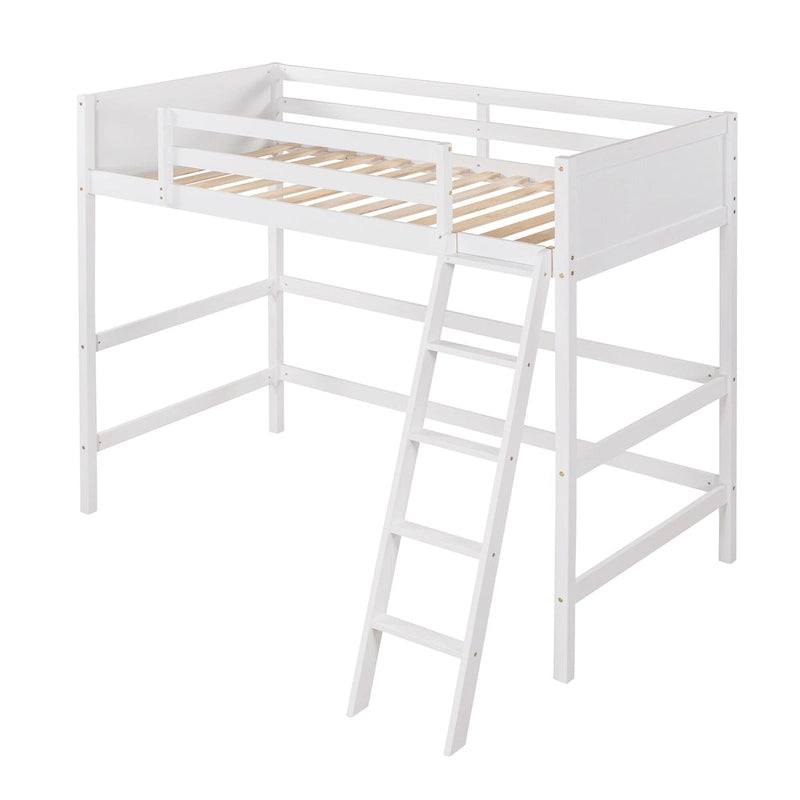 Twin Solid Wood Loft Bed with Ladder and Fence
