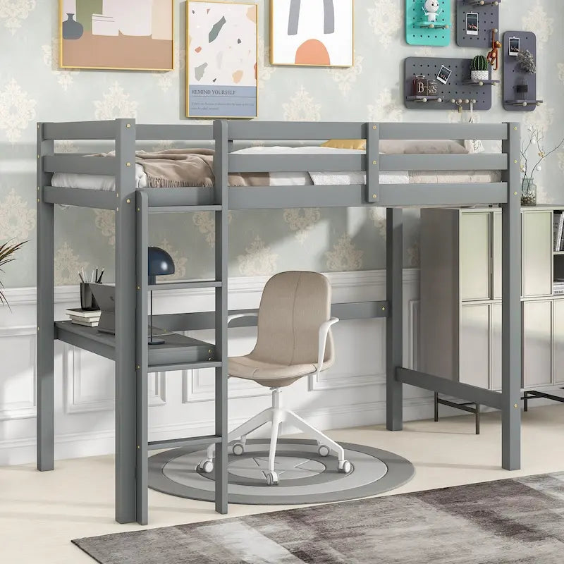 Twin Wood Loft Bed with Built-in Desk and Guardrails