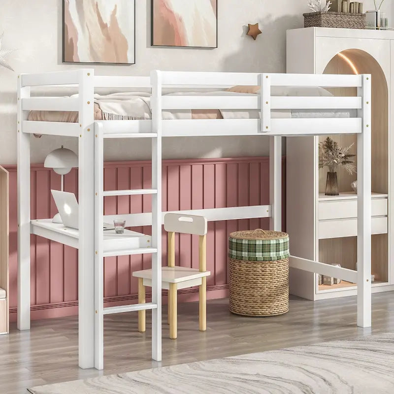 Twin Wood Loft Bed with Built-in Desk and Guardrails
