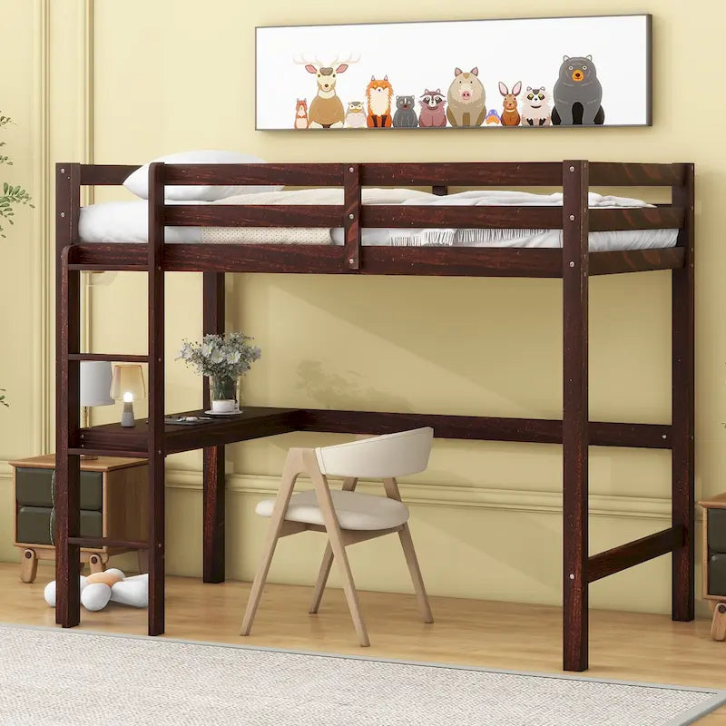 Twin Wood Loft Bed with Built-in Desk and Guardrails