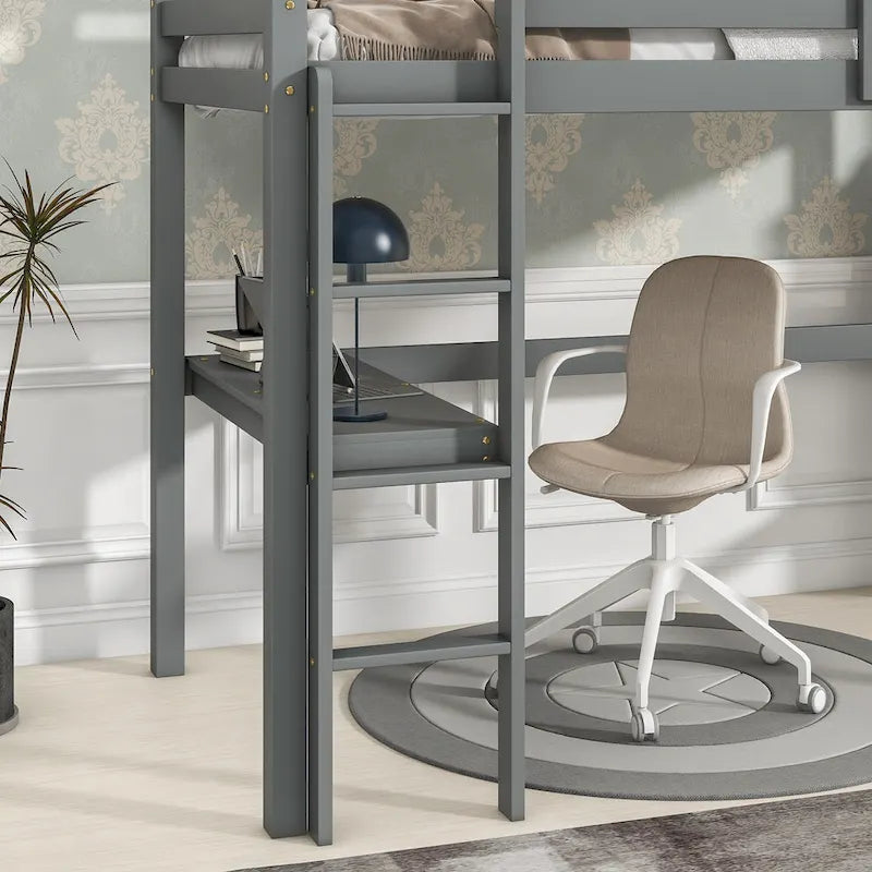 Twin Size Wood Loft Bed with Built-in Desk and Guardrails