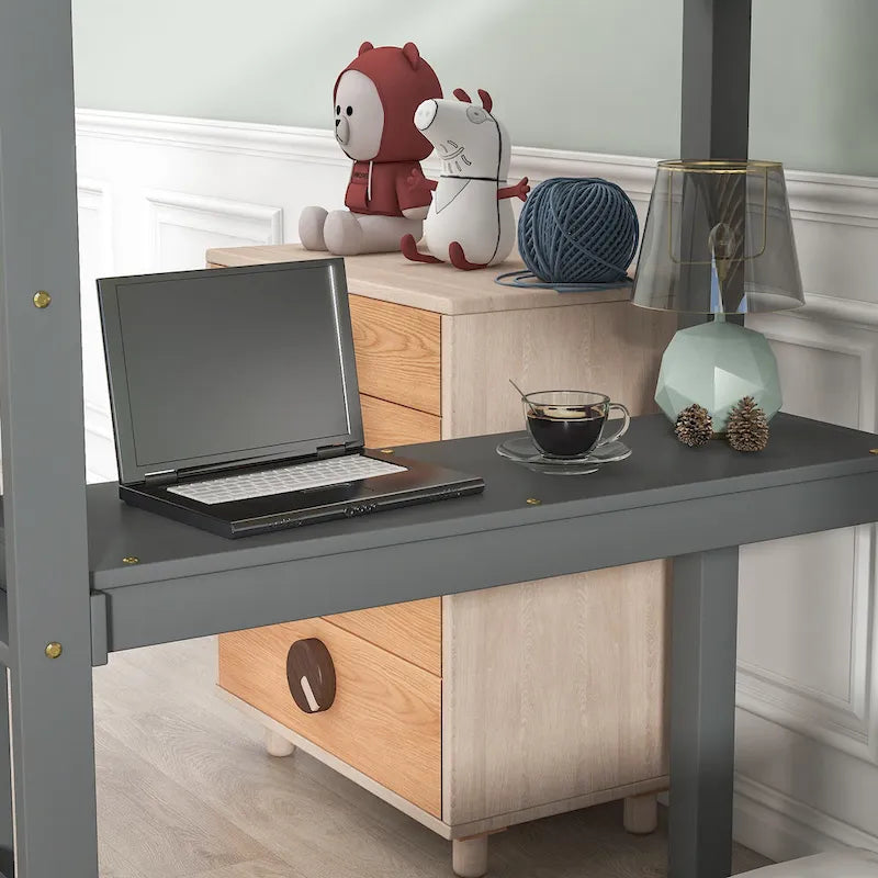 Twin Wood Loft Bed with Built-in Desk and Guardrails