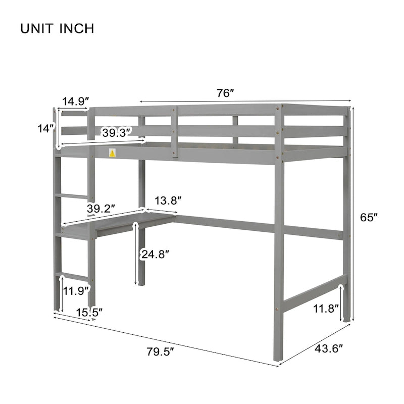 Twin Wood Loft Bed with Built-in Desk and Guardrails