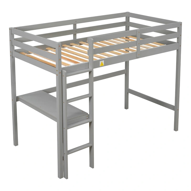 Twin Wood Loft Bed with Built-in Desk and Guardrails