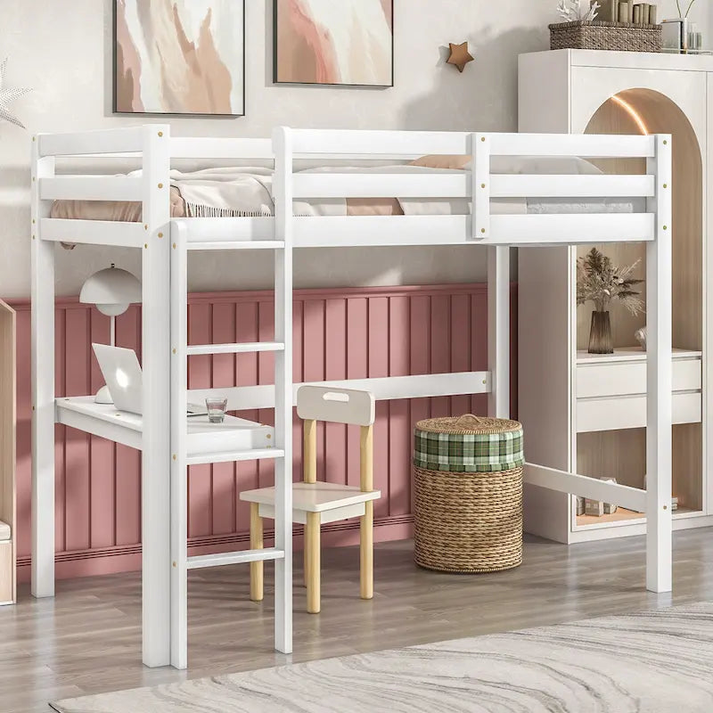 Twin Wood Loft Bed with Built-in Desk and Guardrails
