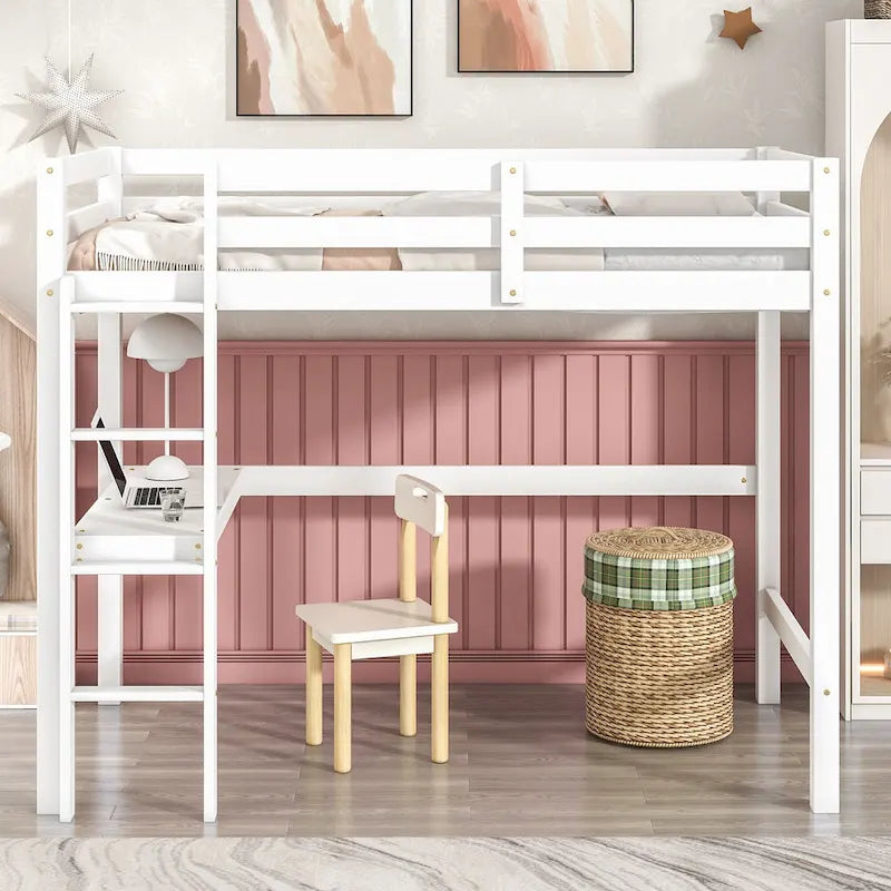 Twin Wood Loft Bed with Built-in Desk and Guardrails