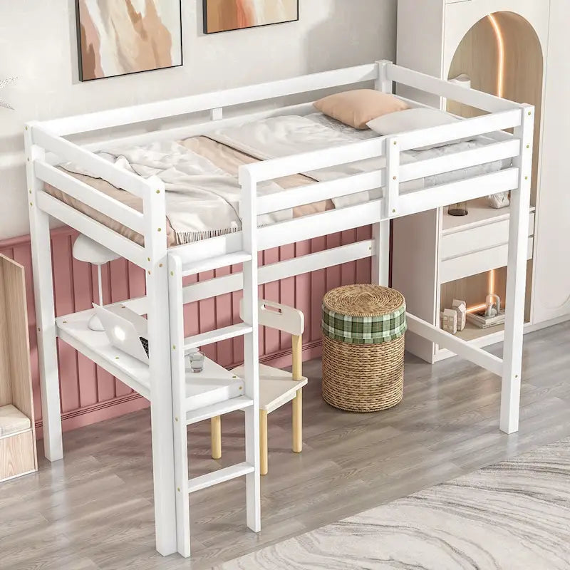 Twin Wood Loft Bed with Built-in Desk and Guardrails