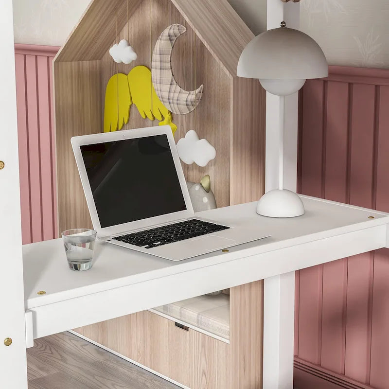 Twin Wood Loft Bed with Built-in Desk and Guardrails