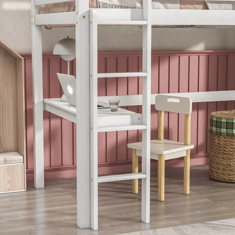 Twin Wood Loft Bed with Built-in Desk and Guardrails