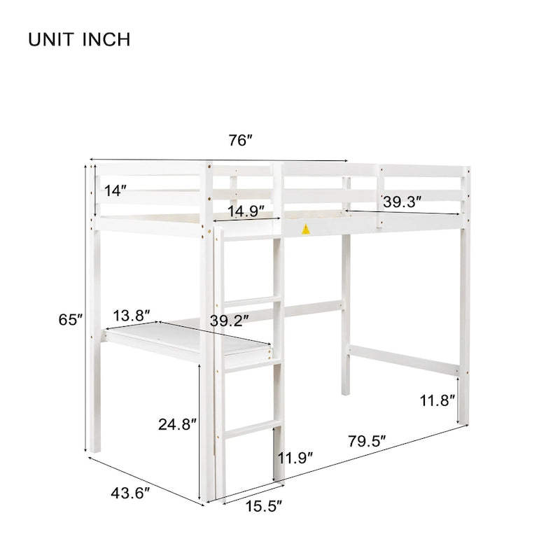 Twin Wood Loft Bed with Built-in Desk and Guardrails