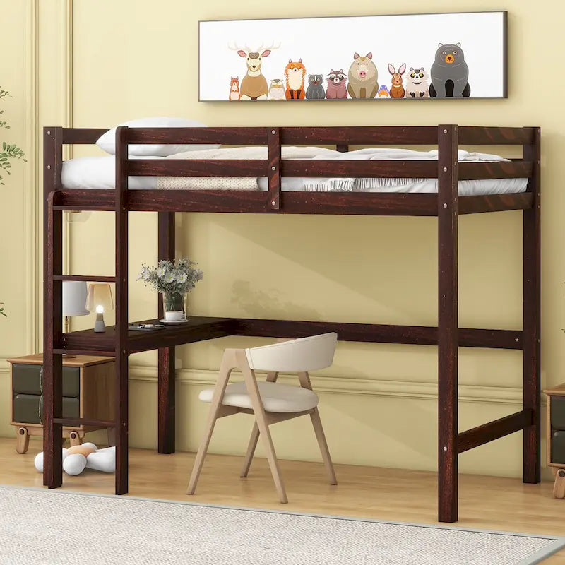 Twin Wood Loft Bed with Built-in Desk and Guardrails