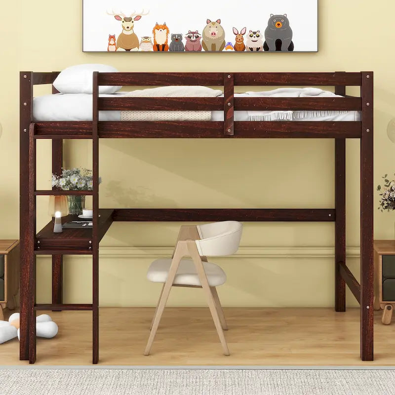 Twin Wood Loft Bed with Built-in Desk and Guardrails