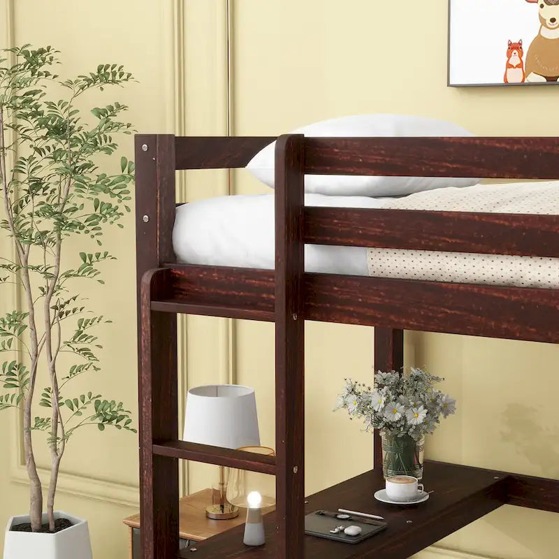 Twin Wood Loft Bed with Built-in Desk and Guardrails