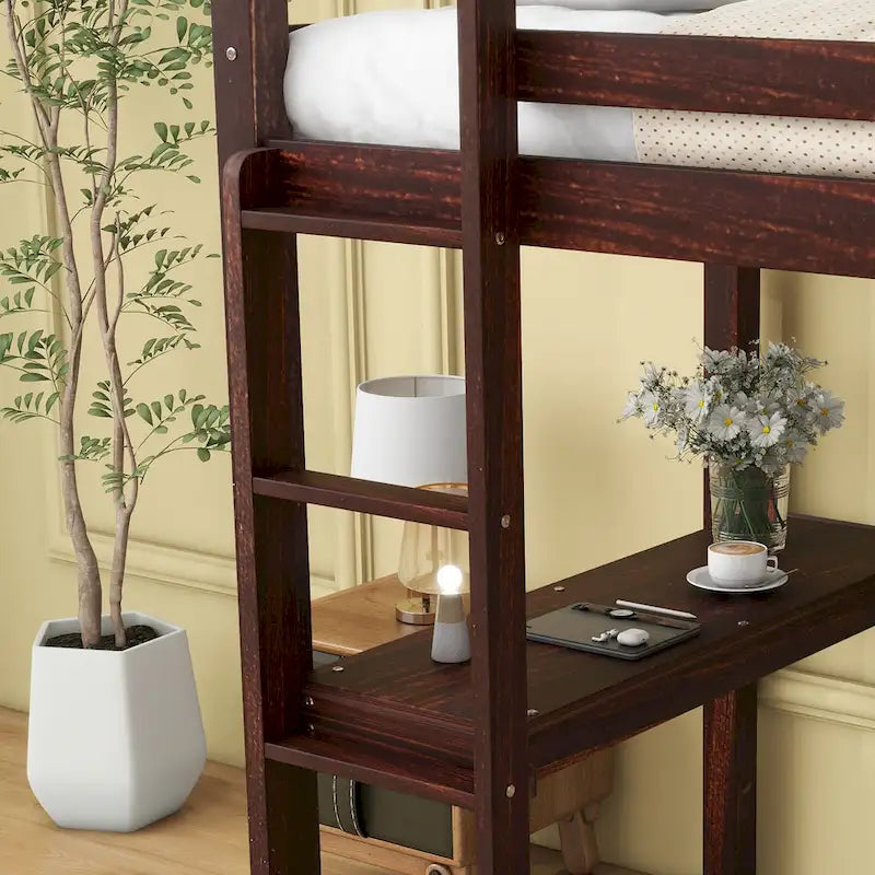 Twin Wood Loft Bed with Built-in Desk and Guardrails