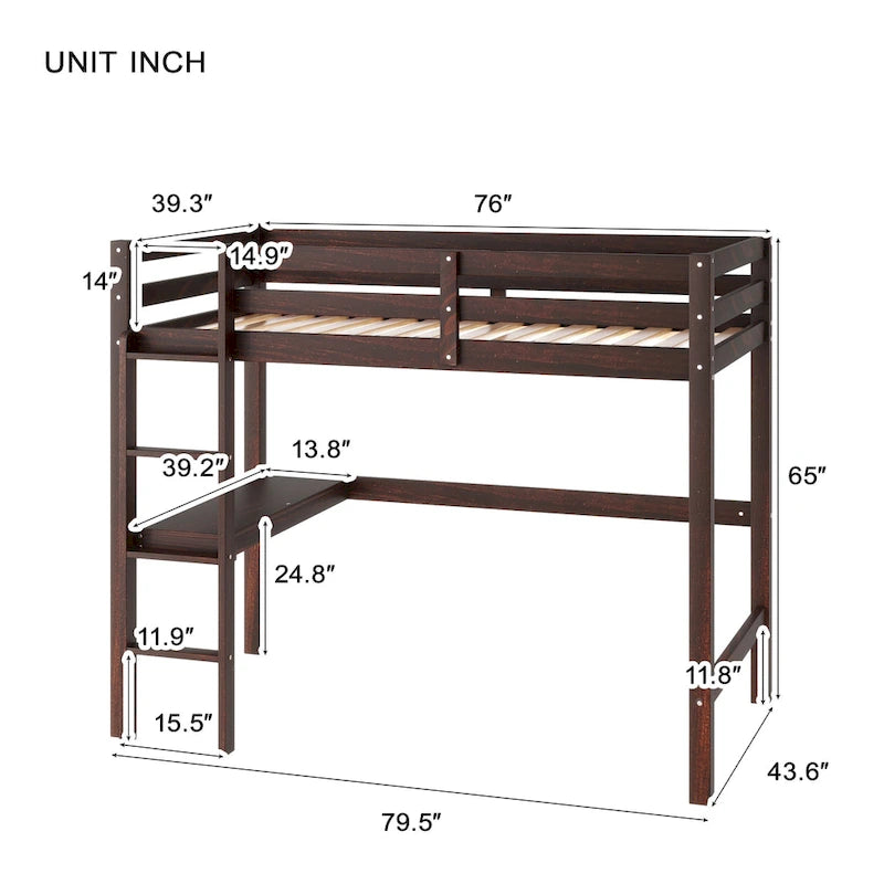 Twin Wood Loft Bed with Built-in Desk and Guardrails
