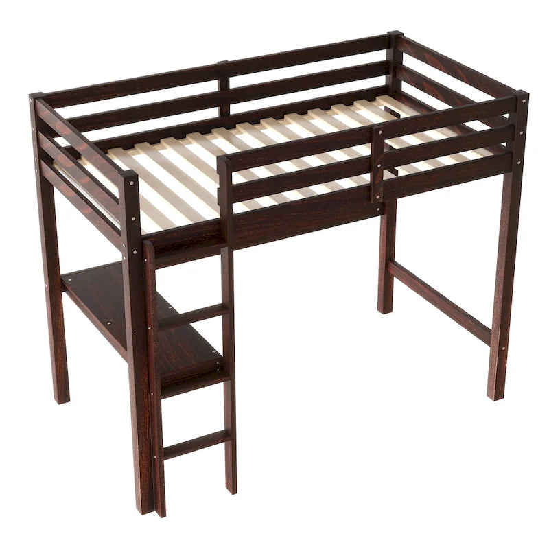Twin Wood Loft Bed with Built-in Desk and Guardrails