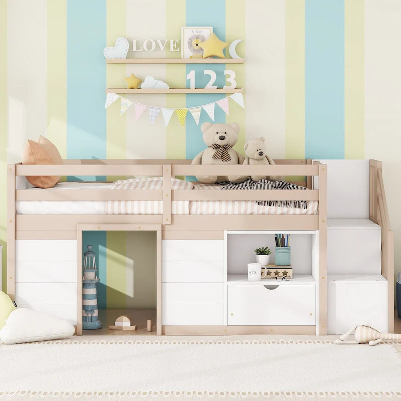 Twin Solid Wood Low Loft Bed with Stairs, Drawer, and Shelf