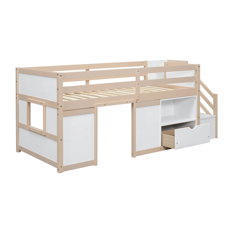 Twin Size Solid Wood Low Loft Bed with Stairs