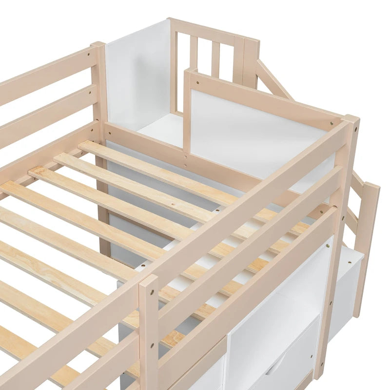 Twin Solid Wood Low Loft Bed with Stairs, Drawer, and Shelf