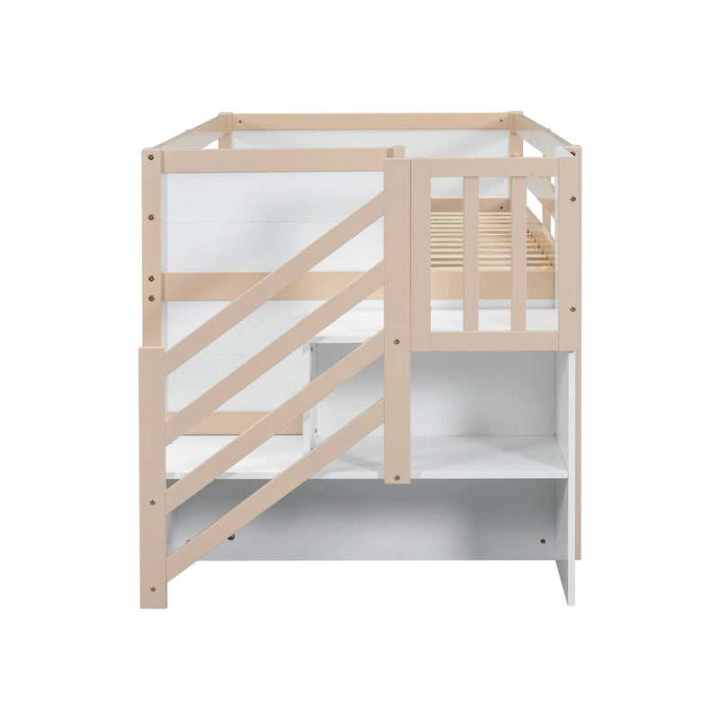Twin Solid Wood Low Loft Bed with Stairs, Drawer, and Shelf