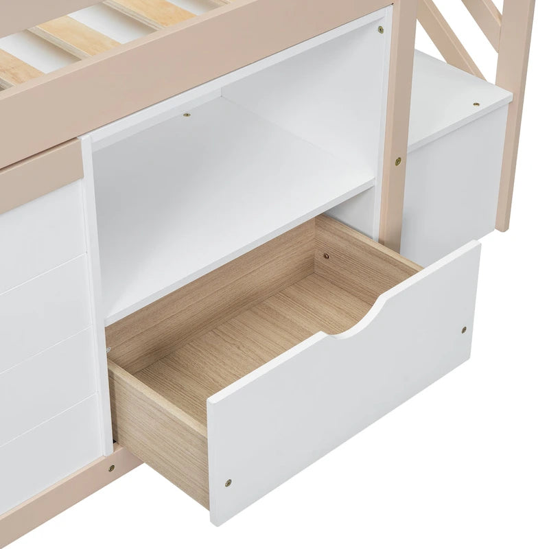 Twin Solid Wood Low Loft Bed with Stairs, Drawer, and Shelf