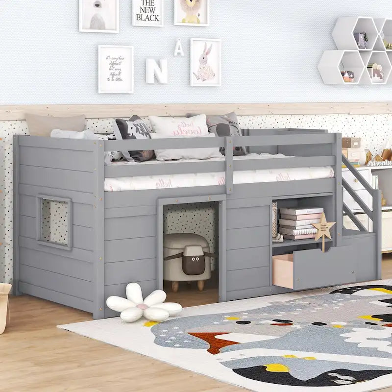 Twin Solid Wood Low Loft Bed with Stairs, Drawer, and Shelf