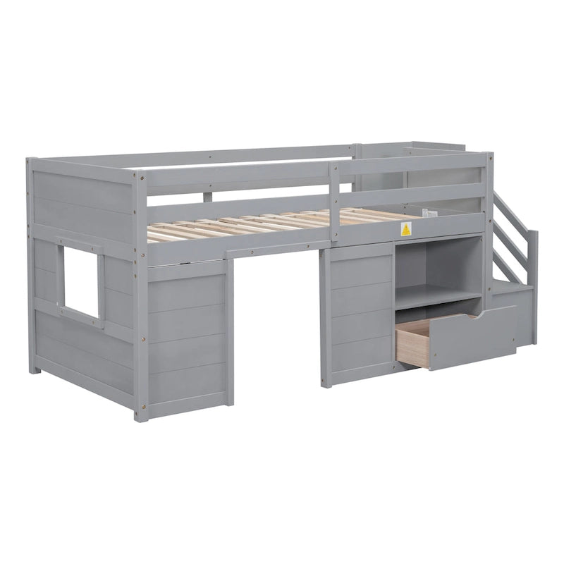 Twin Solid Wood Low Loft Bed with Stairs, Drawer, and Shelf