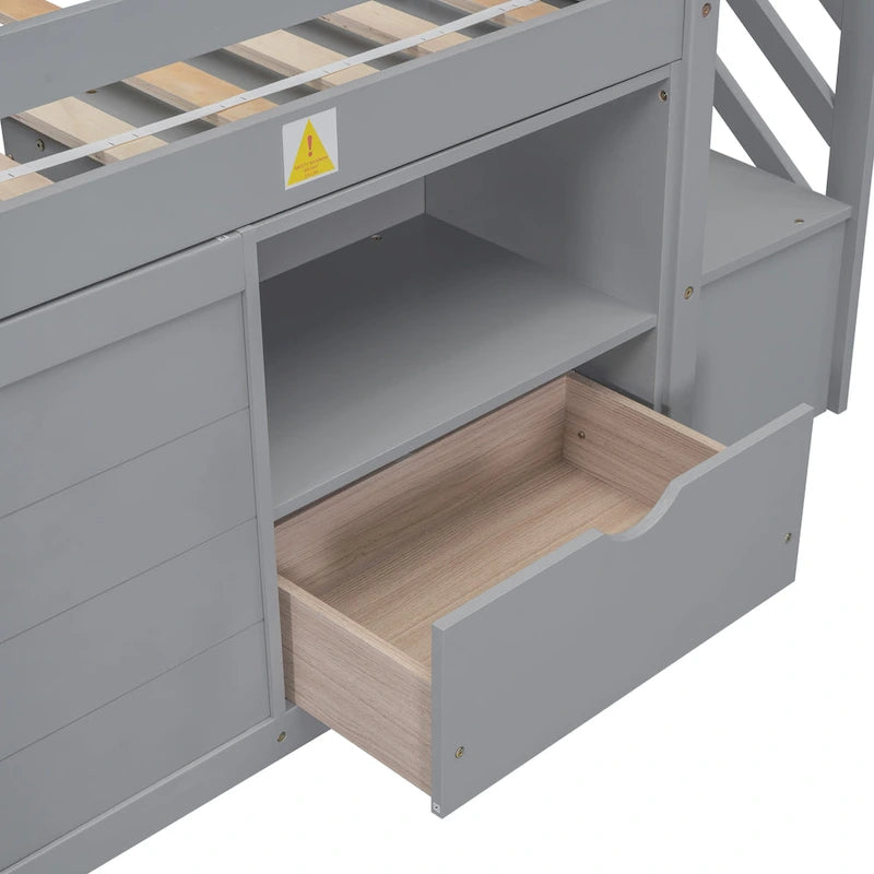 Twin Solid Wood Low Loft Bed with Stairs, Drawer, and Shelf
