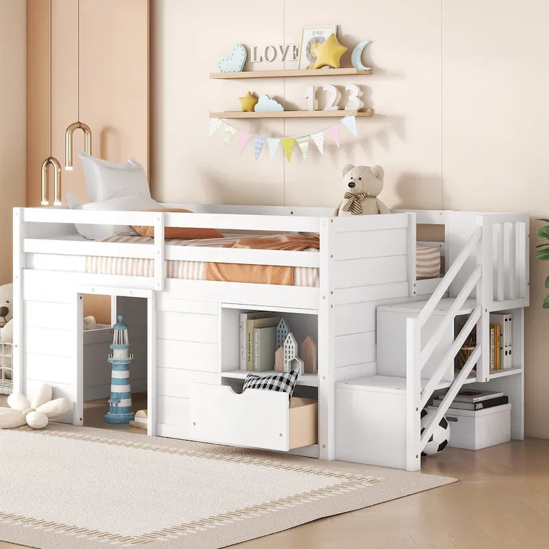 Twin Solid Wood Low Loft Bed with Stairs, Drawer, and Shelf
