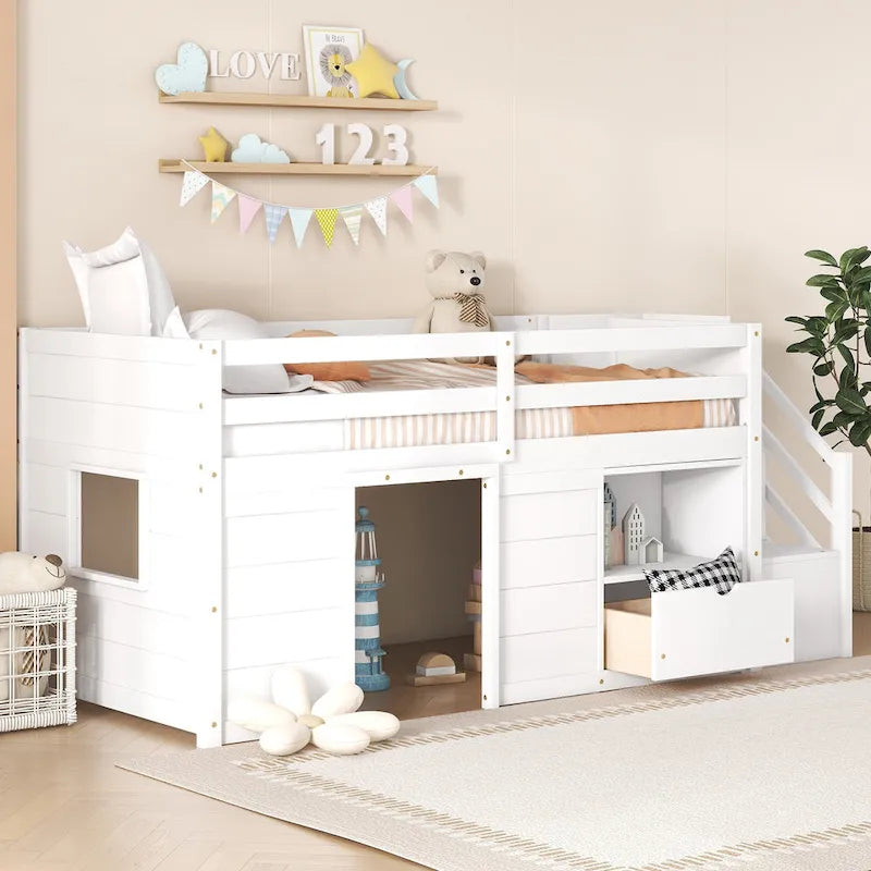 Twin Solid Wood Low Loft Bed with Stairs, Drawer, and Shelf