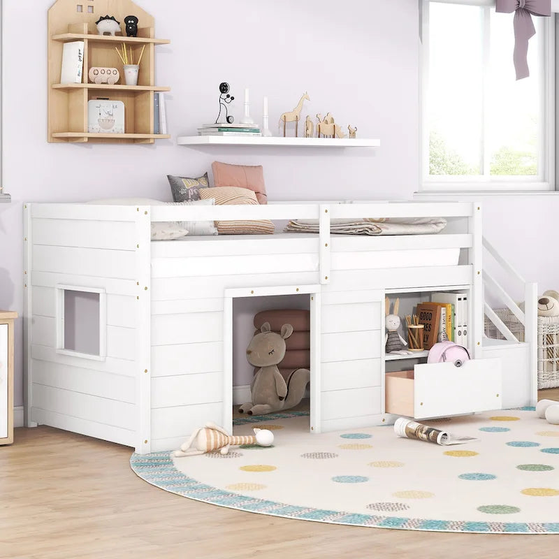 Twin Solid Wood Low Loft Bed with Stairs, Drawer, and Shelf