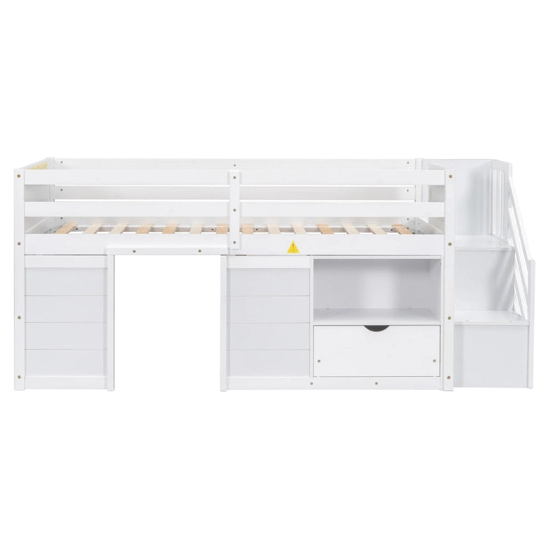 Twin Solid Wood Low Loft Bed with Stairs, Drawer, and Shelf
