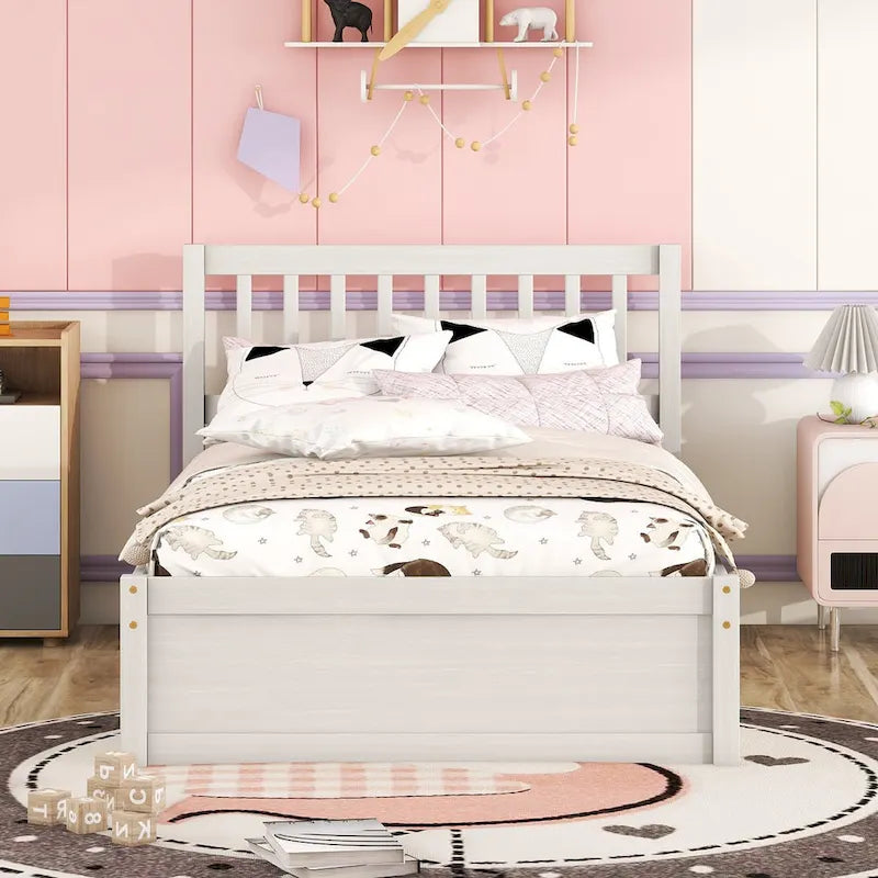White Walnut Twin Bed with Trundle and Fence Headboard