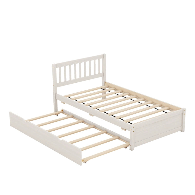 White Walnut Twin Bed with Trundle and Fence Headboard