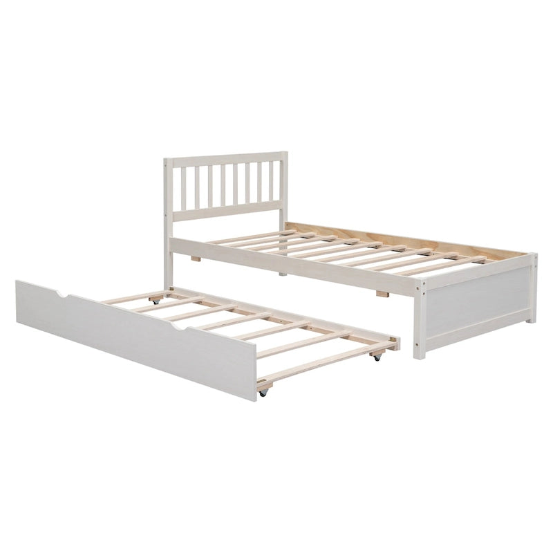 White Walnut Twin Bed with Trundle and Fence Headboard