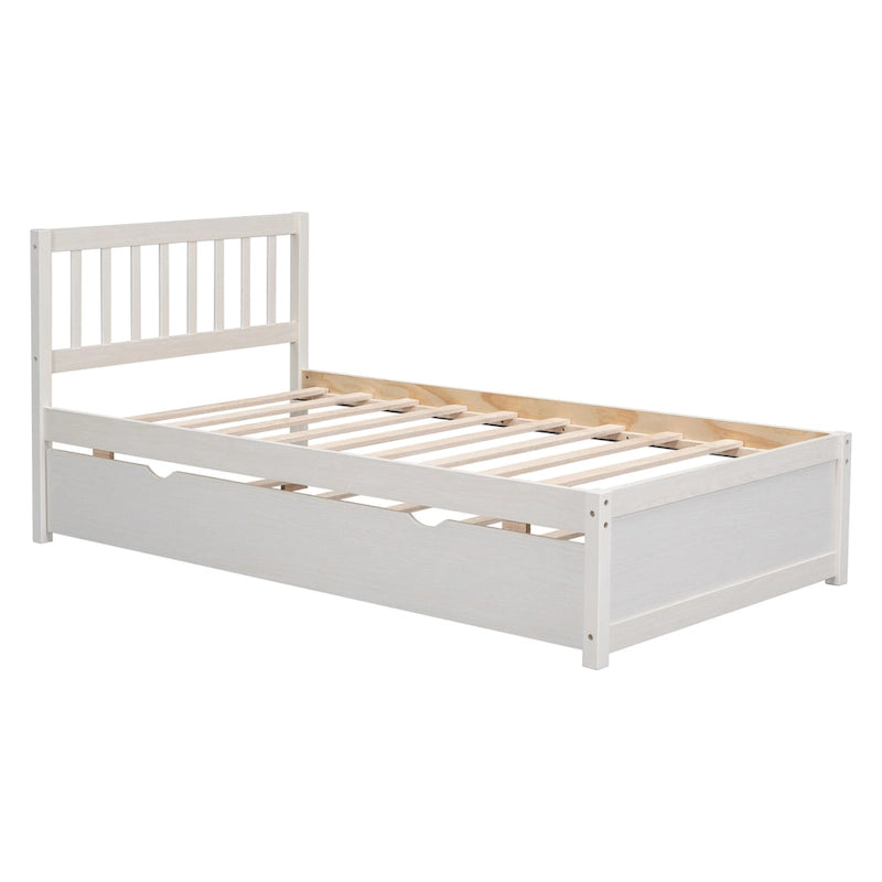 White Walnut Twin Bed with Trundle and Fence Headboard