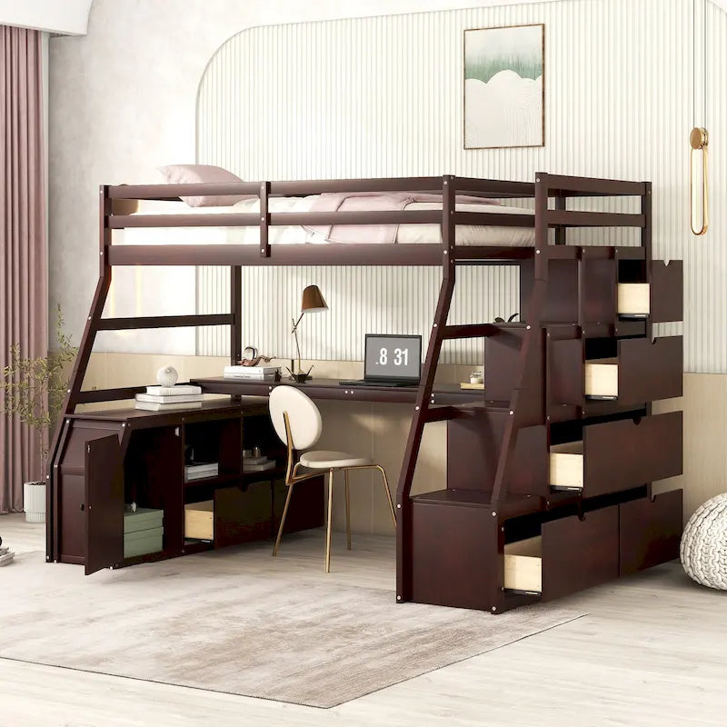 Twin Wood Loft Bed with 7 Drawers, 2 Shelves, Ladder, and Desk