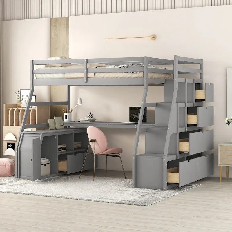 Twin Wood Loft Bed with 7 Drawers, 2 Shelves, Ladder, and Desk