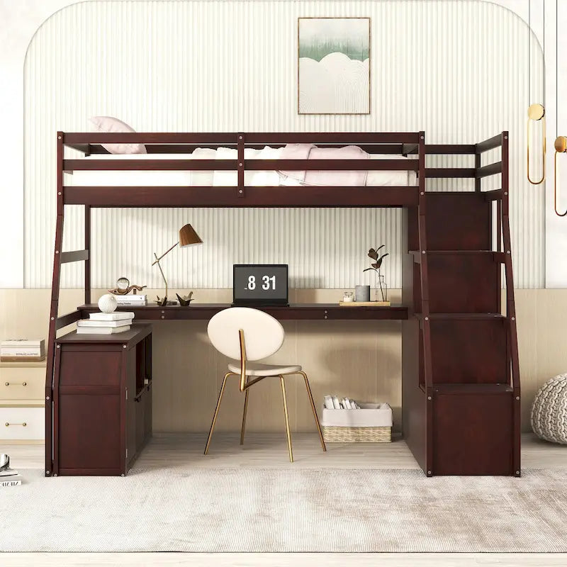 Twin Size Wood Loft Bed with 7 Drawers 2 Shelves, Ladder and Desk for Kids, Bedroom