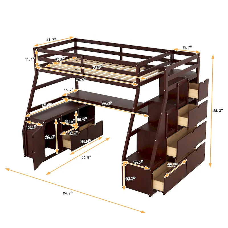 Twin Wood Loft Bed with 7 Drawers, 2 Shelves, Ladder, and Desk