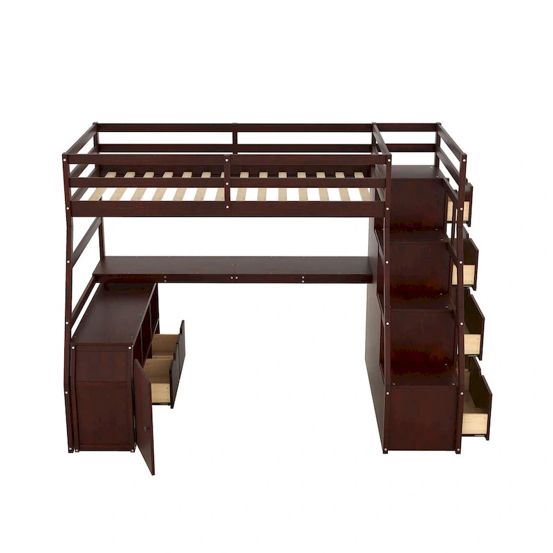 Twin Wood Loft Bed with 7 Drawers, 2 Shelves, Ladder, and Desk