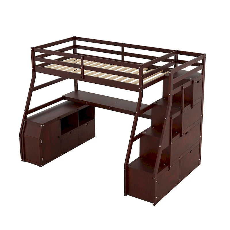 Twin Wood Loft Bed with 7 Drawers, 2 Shelves, Ladder, and Desk