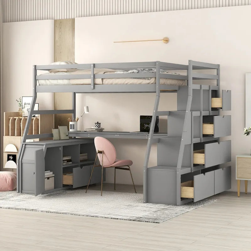 Twin Wood Loft Bed with 7 Drawers, 2 Shelves, Ladder, and Desk