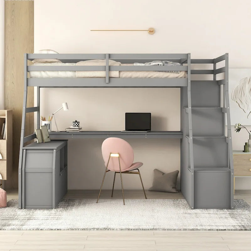 Twin Wood Loft Bed with 7 Drawers, 2 Shelves, Ladder, and Desk
