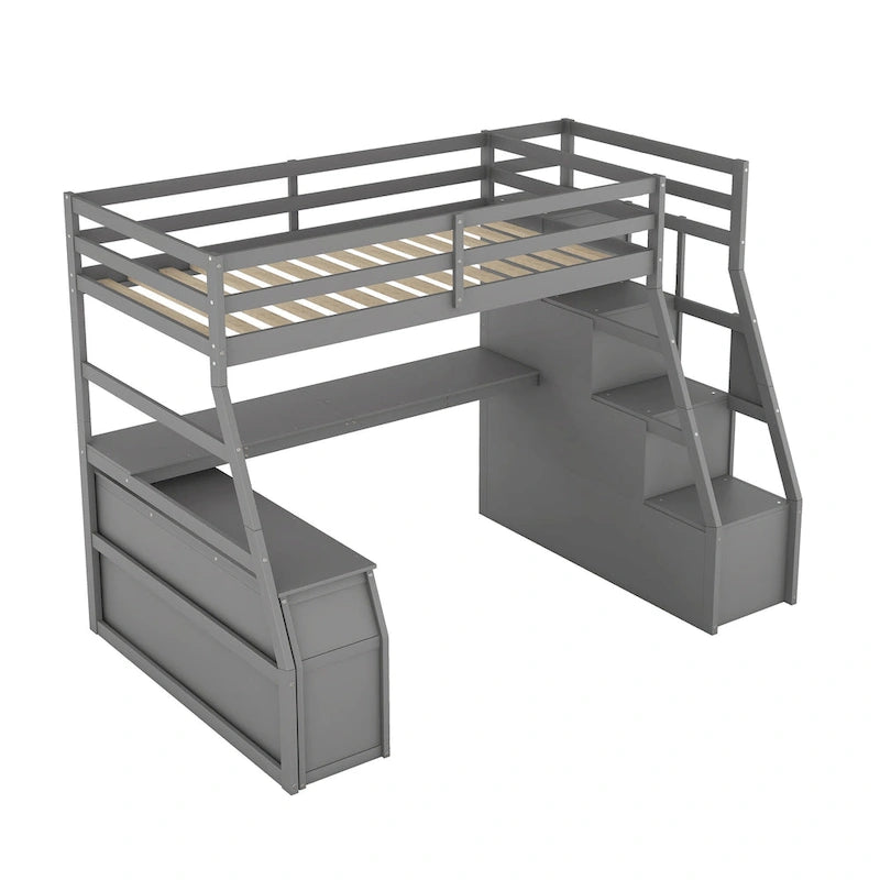 Twin Wood Loft Bed with 7 Drawers, 2 Shelves, Ladder, and Desk