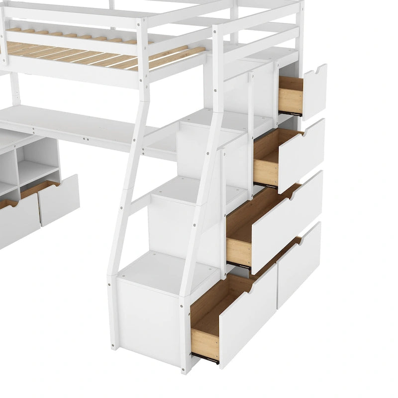 Twin Wood Loft Bed with 7 Drawers, 2 Shelves, Ladder, and Desk