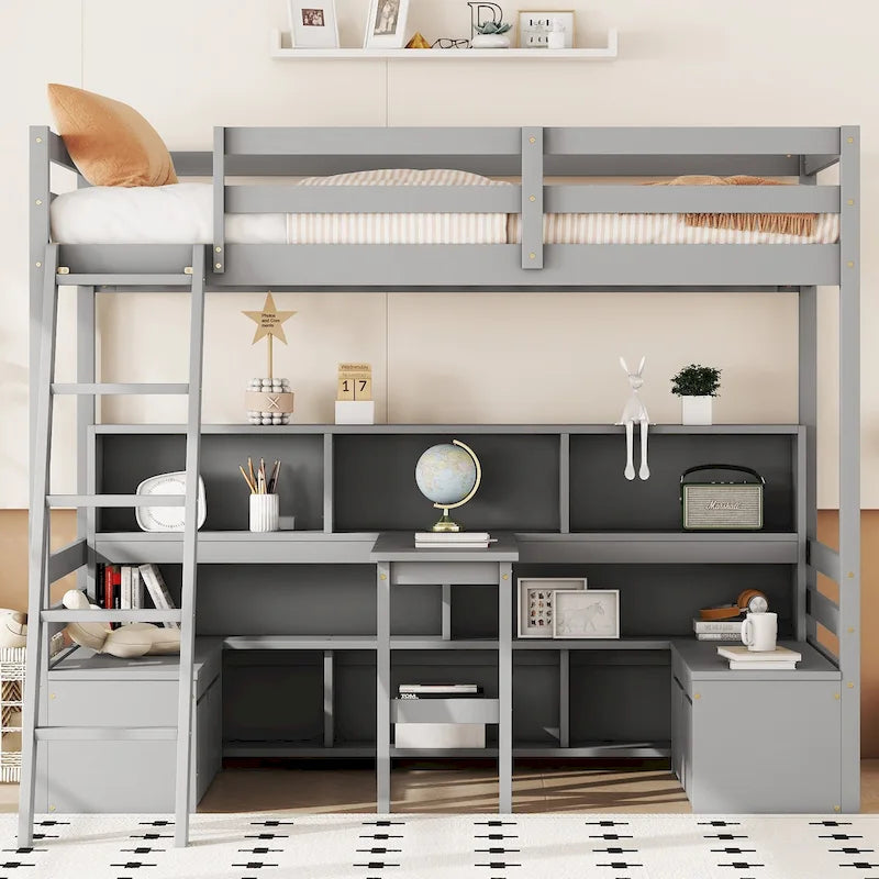 Twin Wood Loft Bed with Desk, Storage Shelves, Drawers, and Seat