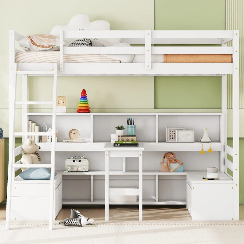 Twin Wood Loft Bed with Desk, Storage Shelves, Drawers, and Seat